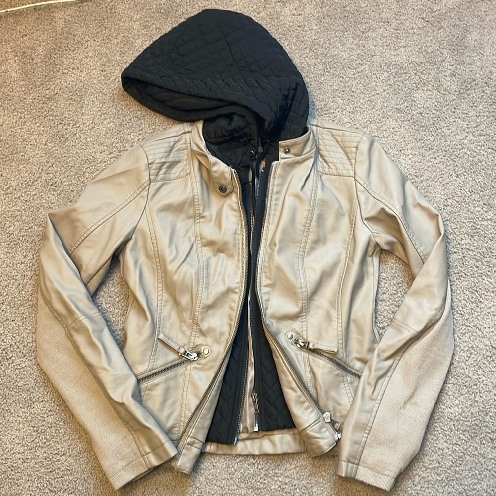 Small Faux Leather Warm Jacket with Double Layer and Hoodie